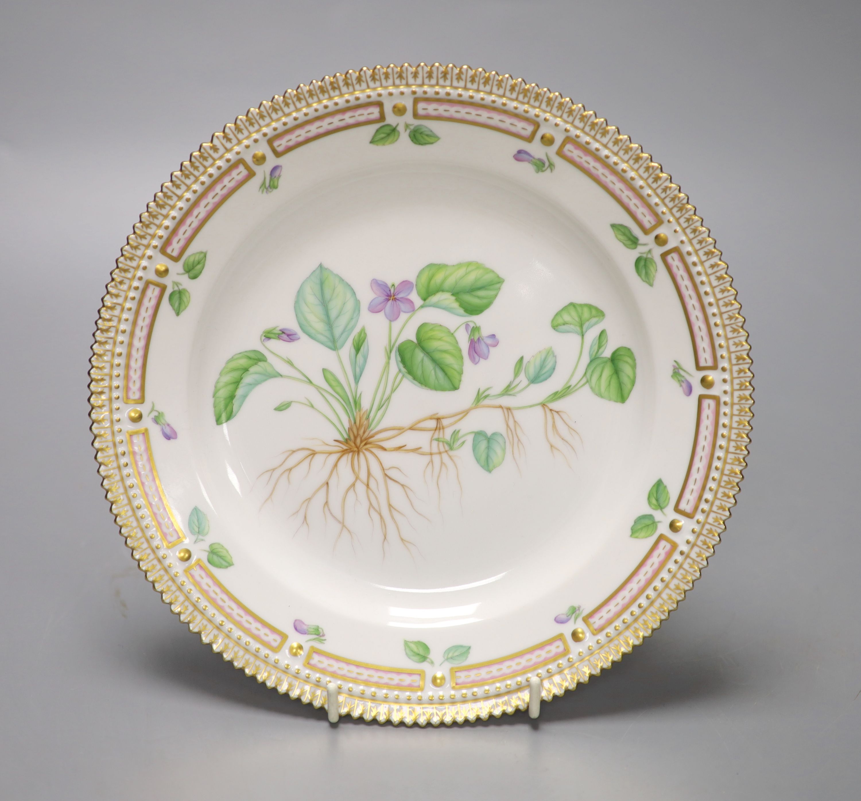 A Royal Copenhagen Flora Danica plate, bi-centennial 1790-1990 painted with Viola adorata L.,, diameter 22cm